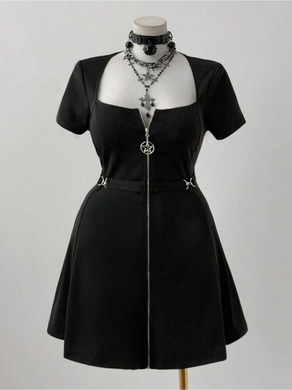 Black Gothic Zip-Front Short Sleeve Dress